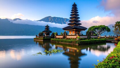 Pura Ulun Danu Beratan: A majestic temple complex nestles serenely on the tranquil waters of Lake Beratan.