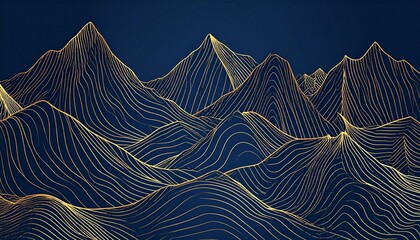 Abstract Mountains in Gold Lines: Elegant gold lines elegantly depicts a mountain range, evoking a sense of majesty and timelessness against a deep, serene backdrop.