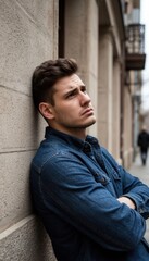 A man leaning against a wall with a tense, troubled expression, suggesting emotional stress, reflection, or a difficult moment in an urban setting.