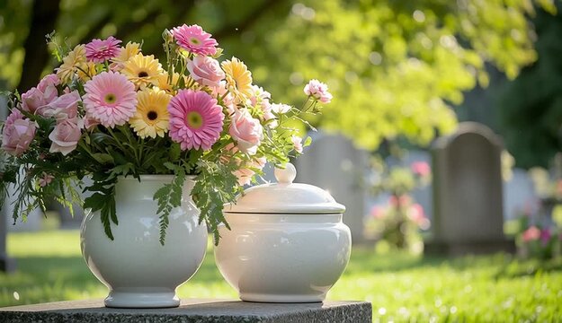 White ceramic cremation urn and matching vase with pink flower arrangement on granite pedestal, bright natural daylight