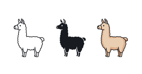 Obraz premium Cartoon illustrations of white, black, and brown llamas in profile view