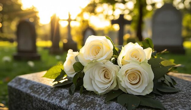 White roses bouquet on granite gravestone in cemetery, bright natural daylight, large depth of field