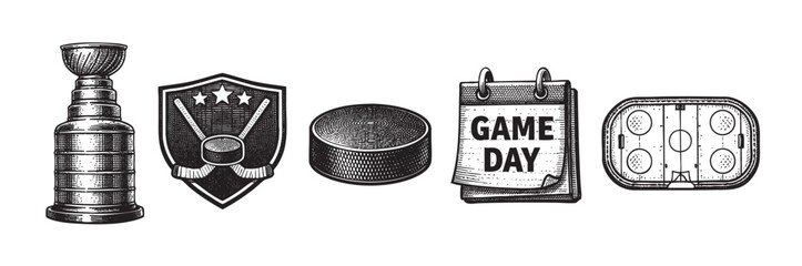 Collection of vintage engraved hockey icons including a championship trophy, crest with sticks and puck, puck, game day calendar, and rink layout, ideal for sports and celebration themes.
