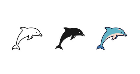 Fototapeta premium Evolution of dolphin design: outline, silhouette, and colorful versions