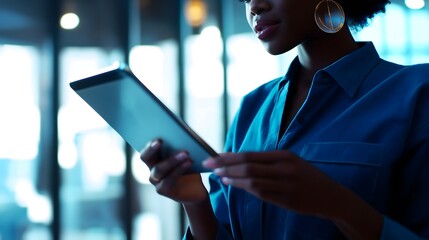 Woman using tablet in modern indoor space during evening