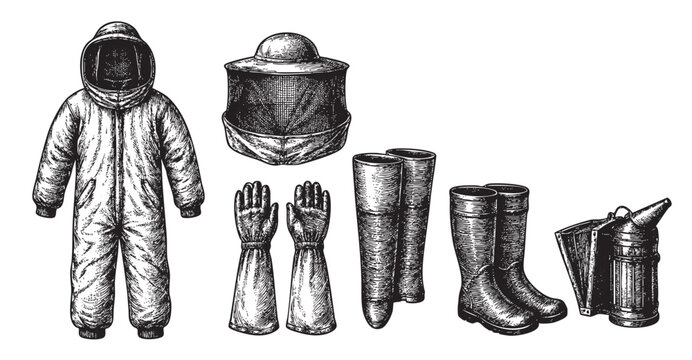 A vintage black and white woodcut illustration depicts a complete set of beekeeping protective gear, including a suit, veil, gloves, boots, and smoker, arranged against a white background.