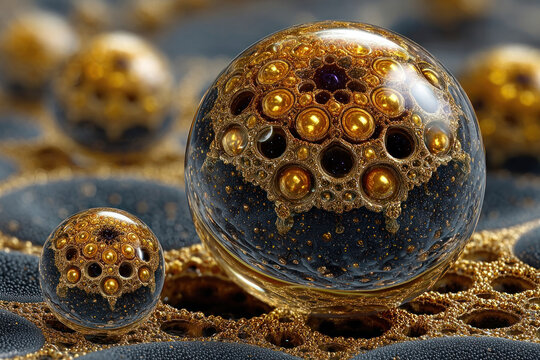 An abstract artistic composition featuring transparent spherical objects filled with a complex golden structure reminiscent of a microcosm, organic honeycombs, or fractal forms.   - Powered by Adobe