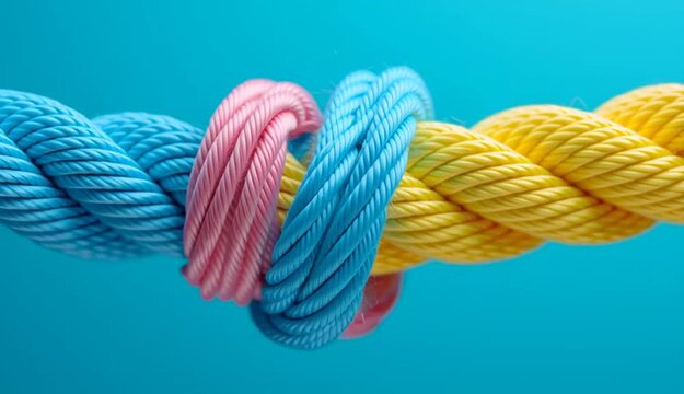 Three colorful twisted ropes tied together in knot, bright studio lighting, large depth of field