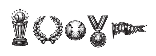 A collection of baseball championship symbols in a vintage, engraved illustration style, including a trophy, laurel wreath, medal, and flag.