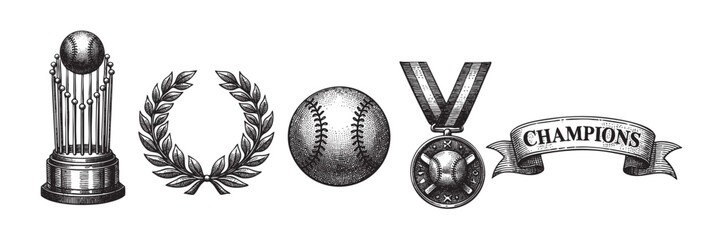 A vintage-style illustration depicts baseball championship symbols including a trophy, laurel wreath, baseball, medal, and champions banner.