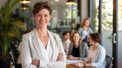 Confident European businesswoman leading team in modern office