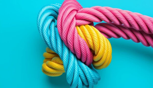 Three colorful twisted ropes tied together in knot, bright studio lighting, large depth of field