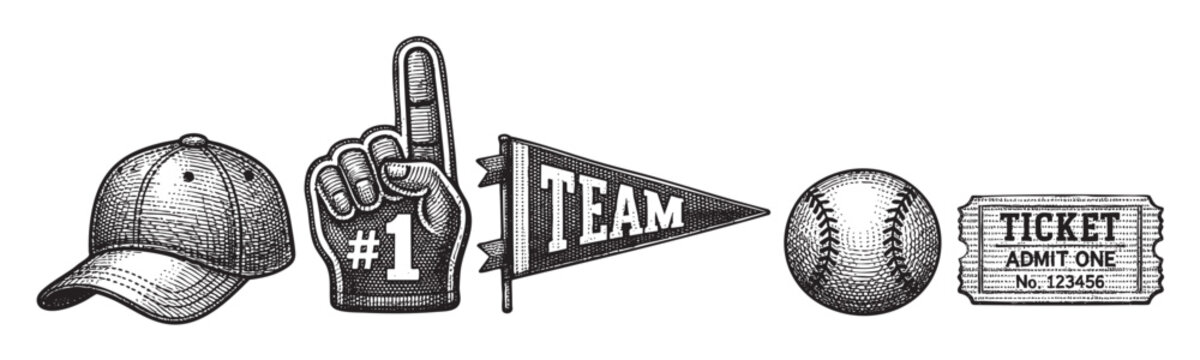 A black and white illustration of vintage sports fan accessories including a baseball cap, foam finger, team pennant, baseball, and admission ticket, perfect for sports themes.