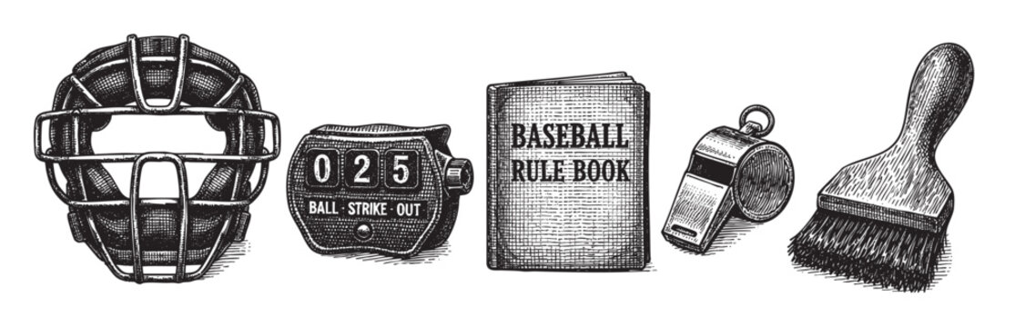 A vintage black and white illustration features a baseball catcher's mask, scoreboard, rule book, whistle, and brush arranged in a row against a white background.