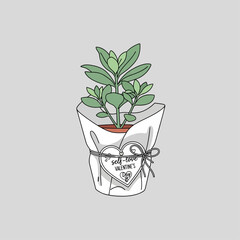 Love Blooming: An endearing illustration showcases a potted succulent plant, wrapped tenderly with a self-love valentine's tag, symbolizing growth, self-care, and the celebration of love.
