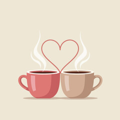 Warm Hearts and Brews: Two cups of coffee, steam rising to form a heart, represent connection, affection, and shared moments of warmth and togetherness. 