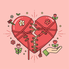 Broken Heart Mended with Love: A symbolic depiction of a fractured heart, tenderly mended with intricate stitching and entwined with delicate flowers, evoking themes of healing and resilience.