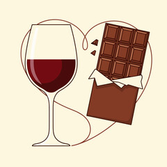 A Glass of Wine and Chocolate: A wine glass stands beside a half-eaten chocolate bar and line art heart, symbolizing indulgence and the pleasure of simple moments.