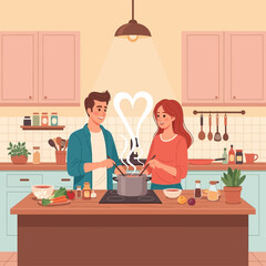 Cozy Cooking: A loving couple creates culinary magic in a well-lit kitchen, with a steaming pot and the essence of love forming a heart in the air. Capturing the warmth, togetherness.
