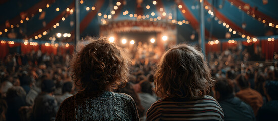 Fototapeta premium rear view kid children watching show on stage in circus carnival festive celebration in dome tent with crowd people inside exited lifestyle