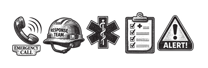 A black and white engraving style illustration featuring a collection of five icons related to emergency services, including a phone, hard hat, medical symbol, checklist, and alert sign.