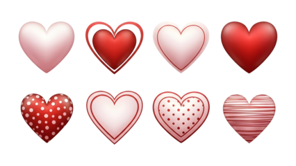 Collection of eight red and pink heart shapes with patterns isolated on transparent background