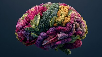 A vibrant, detailed artistic rendering of a brain formed entirely from colorful vegetables