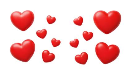 Collection of Red Hearts Floating on White isolated on transparent background