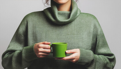 Woman in green sweater holding a cup of hot matcha tea, cozy wellness lifestyle