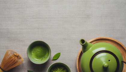 Top view of matcha tea set with teapot whisk and green tea bowl on linen background