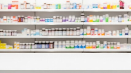 Fototapeta premium Empty white counter with blurred pharmacy shelves background