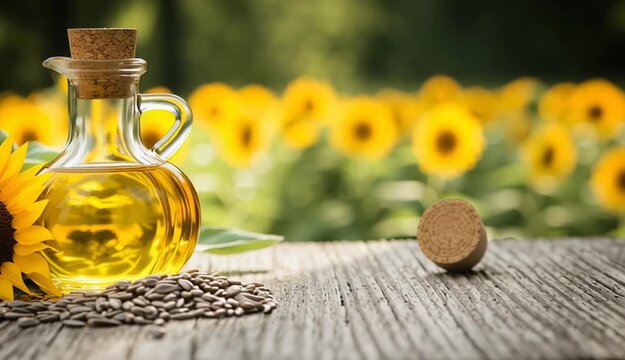 Glass carafe bottle of golden sunflower oil with cork stopper on rustic wooden table, pile of sunflower seeds scattered nearby