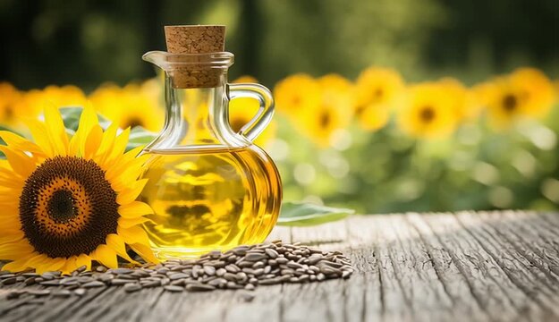 Glass carafe bottle of golden sunflower oil with cork stopper on rustic wooden table, pile of sunflower seeds scattered nearby