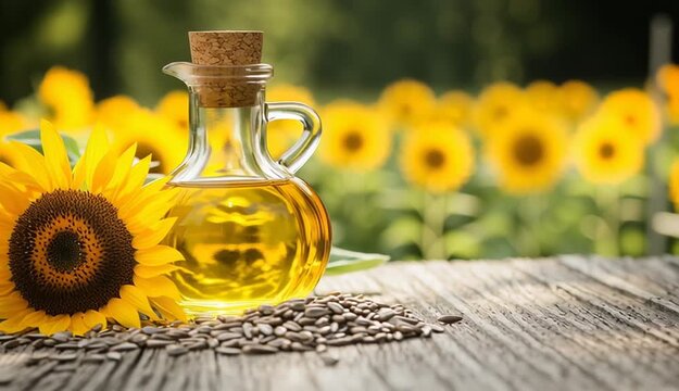 Glass carafe bottle of golden sunflower oil with cork stopper on rustic wooden table, pile of sunflower seeds scattered nearby