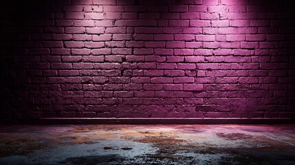 A weathered, textured brick wall illuminated by soft pink lighting above a stained concrete floor