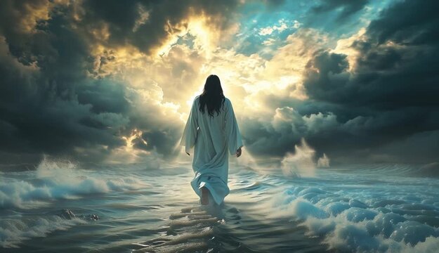 Jesus Christ walking on water, rear view from behind, long dark hair and flowing white biblical robes