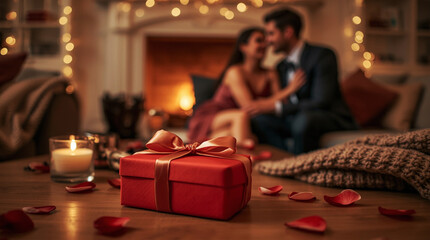 Romantic Valentine&rsquo;s Day Gift with Red Present Box and Candle at Cozy Home Evening, Couple Celebrating Love, Surprise Moment, Relationship Emotion and Warm Holiday Lifestyle Atmosphere