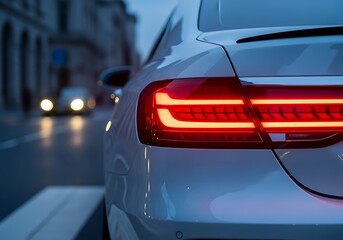 Extreme close-up of a modern luxury sedan's intense red LED taillight assembly at blue hour, showcasing polished ceramic finish, ideal for automotive advertising, technology promotion, and driving
