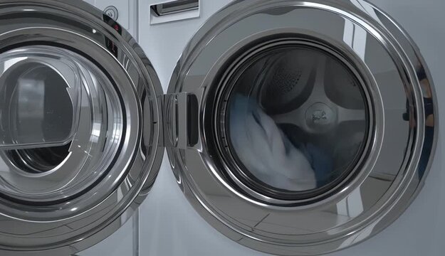 Row of commercial front-loading washing machines in laundromat, white machines with chrome silver circular doors