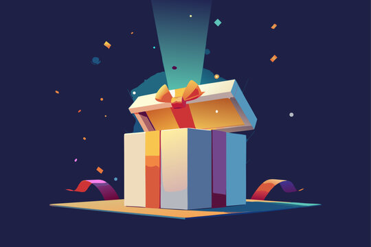 White gift box with golden ribbon open door releasing bright light and colorful confetti birthday party promotion design surprise birthday party