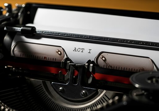 Dark cinematic macro of an antique manual typewriter carriage, "ACT I" typed on paper, perfect for screenwriting drama, creative inspiration, historical storytelling, or atmospheric publishing