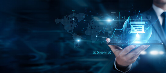 Businessman using the tab and analyzing introduction data, business overview presentation,...