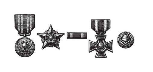 A collection of vintage military medals and insignia, rendered in a black and white woodcut style, symbolizing honor, achievement, and military service.