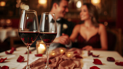 Romantic Valentine&rsquo;s Day Dinner with Red Wine Glasses and Candlelight, Elegant Couple in Restaurant, Love and Relationship Celebration, Intimate Evening Date Atmosphere and Holiday Lifestyle Concept