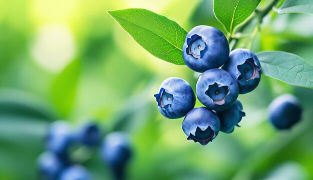 fresh blueberries growing on branch with green leaves, cluster of ripe blue berries showing characteristic star-shaped crown pattern