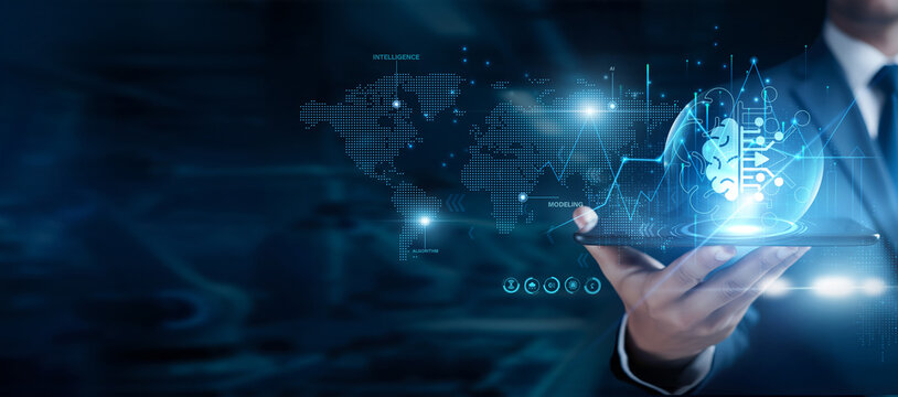 Businessman using the tab and analyzing machine learning data, predictive models, AI training, data patterns, automation systems, advanced analytics