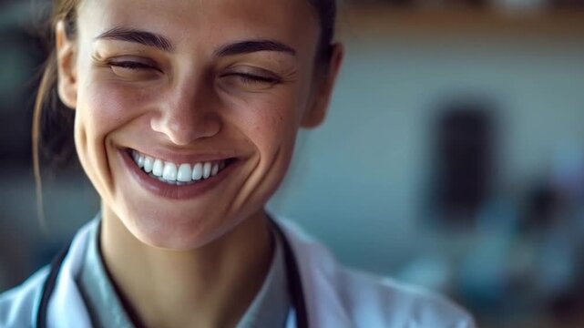 Close-up of a genuinely happy female doctor with a bright and confident professional smile