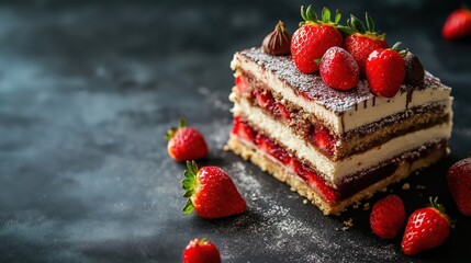Piece of chocolate cake with icing and fresh berry on dark isolated background