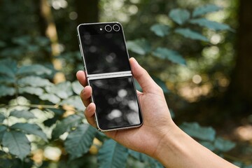 Hand holding a modern foldable smartphone outdoors with green foliage in the background. Concept of technology, innovation, mobile devices and digital lifestyle in natural surroundings.
