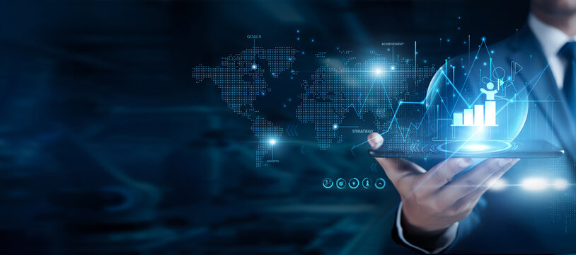 Businessman using the tab and analyzing success data, business achievements, performance metrics, growth strategy, goal tracking, professional milestones, corporate excellence, leadership outcomes